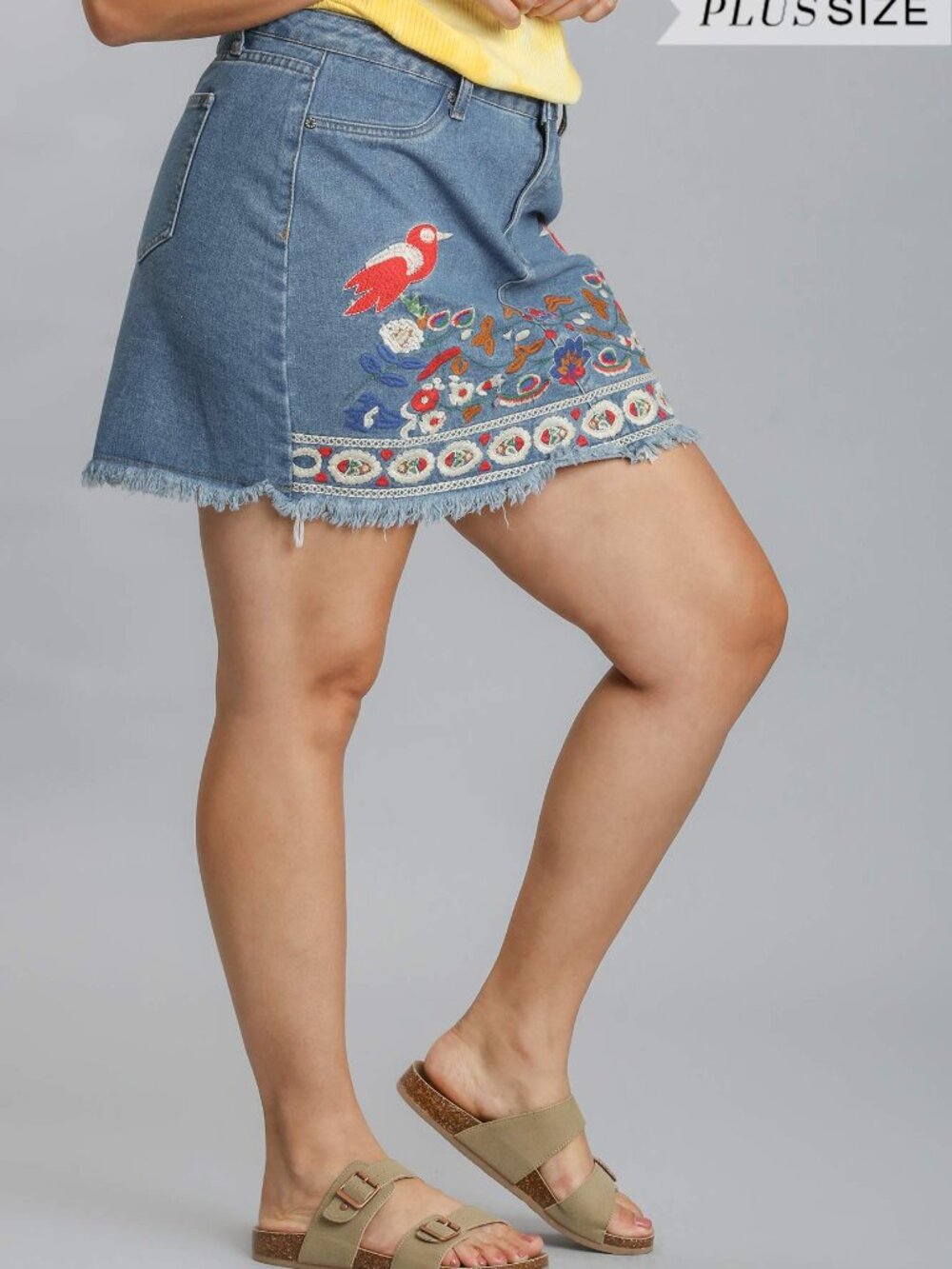 Embroidered Denim Skirt with Frayed Hem